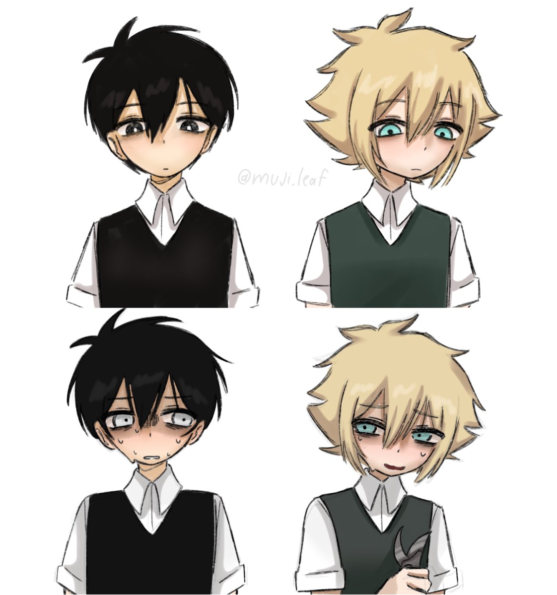2boys, antenna_hair, basil_(faraway)_(omori), basil_(omori), black_eyes, black_hair, black_sweater_vest, blonde_hair
