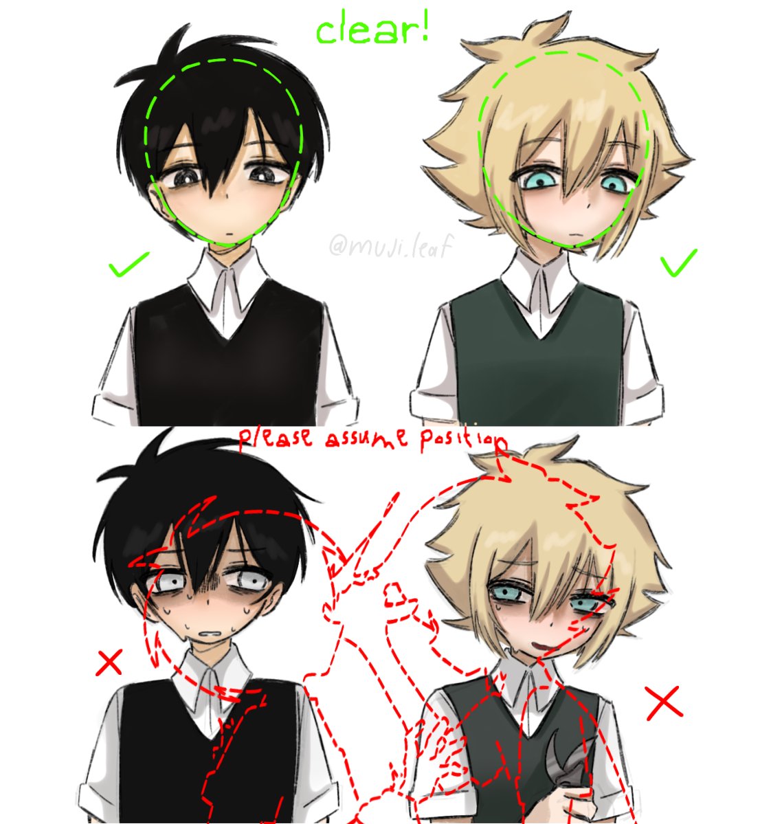 2boys, antenna_hair, basil_(faraway)_(omori), basil_(omori), black_eyes, black_hair, black_sweater_vest, blonde_hair