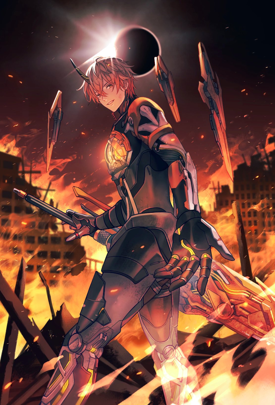 1boy, blonde_hair, building, commentary, cowboy_shot, eclipse, english_commentary, fire