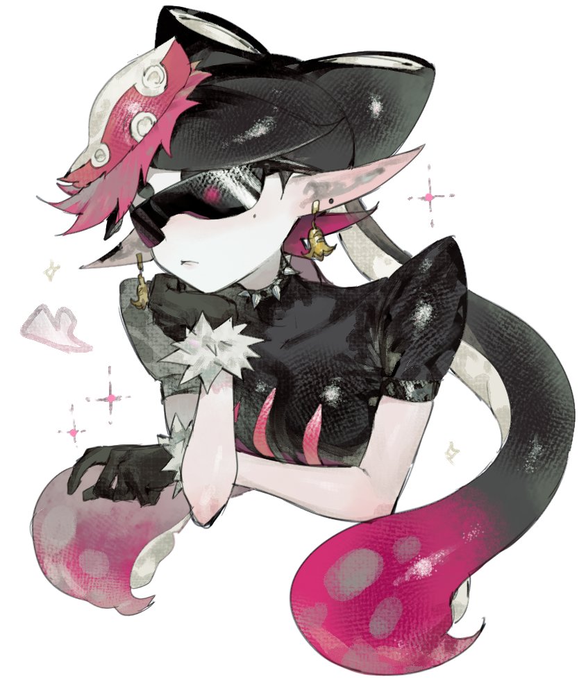 1girl, black_gloves, black_hair, black_jumpsuit, callie_(splatoon), crop_top, earrings, fish_(food), food, food_art, food_on_head, gloves, hypnoshades_(splatoon), inkling, jewelry, jumpsuit, long_hair, mole, mole_under_eye, object_on_head, octopus_hair_ornament, octopus_sashimi, octopus_sausage_earrings, padded_shoulders, pink_leaf, pink_shiso_leaf, pointy_ears, red_shiso_leaf, sashimi, short_sleeves, spiked_waistband, splatoon_(series), splatoon_2, spotted_hair, suction_cups, sunglasses, sushi, tako-san_wiener, tentacle_hair, togetoge, upper_body