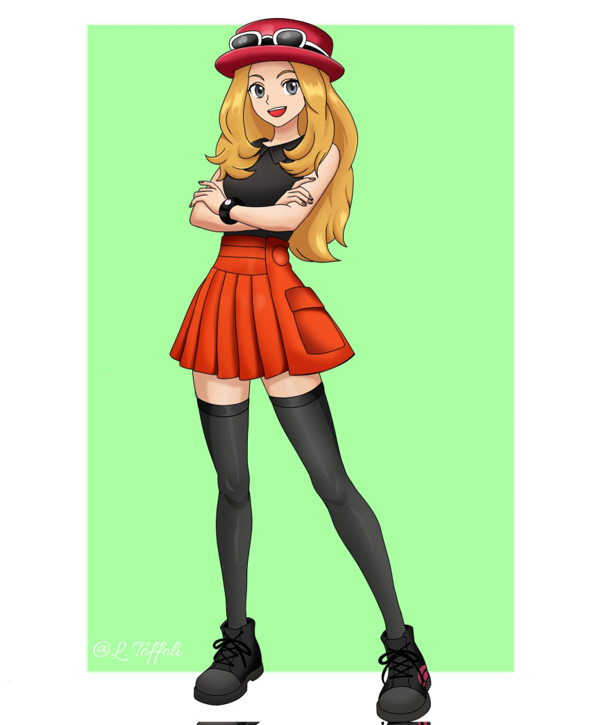 1girl, bare_arms, black_shirt, black_shoes, black_thighhighs, blonde_hair, collared_shirt, eyewear_on_headwear