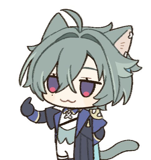 1boy, :3, animal_ear_piercing, animal_ears, arm_behind_back, black_gloves, blue_hair, cat_ears