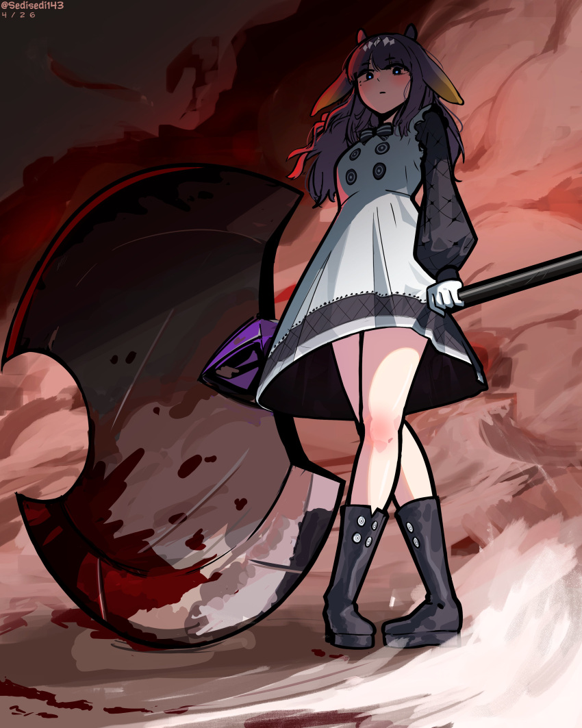 1girl, absurdres, apron, axe, battle_axe, black_boots, black_dress, blonde_hair, blood, blood_on_weapon, blue_eyes, boots, dress, gloves, gradient_hair, highres, holding, holding_axe, hololive, hololive_english, huge_weapon, long_hair, multicolored_hair, ninomae_ina'nis, ninomae_ina'nis_(pastry_chef), official_alternate_costume, purple_hair, sedisedi143, solo, tentacle_hair, virtual_youtuber, weapon, white_apron, white_gloves