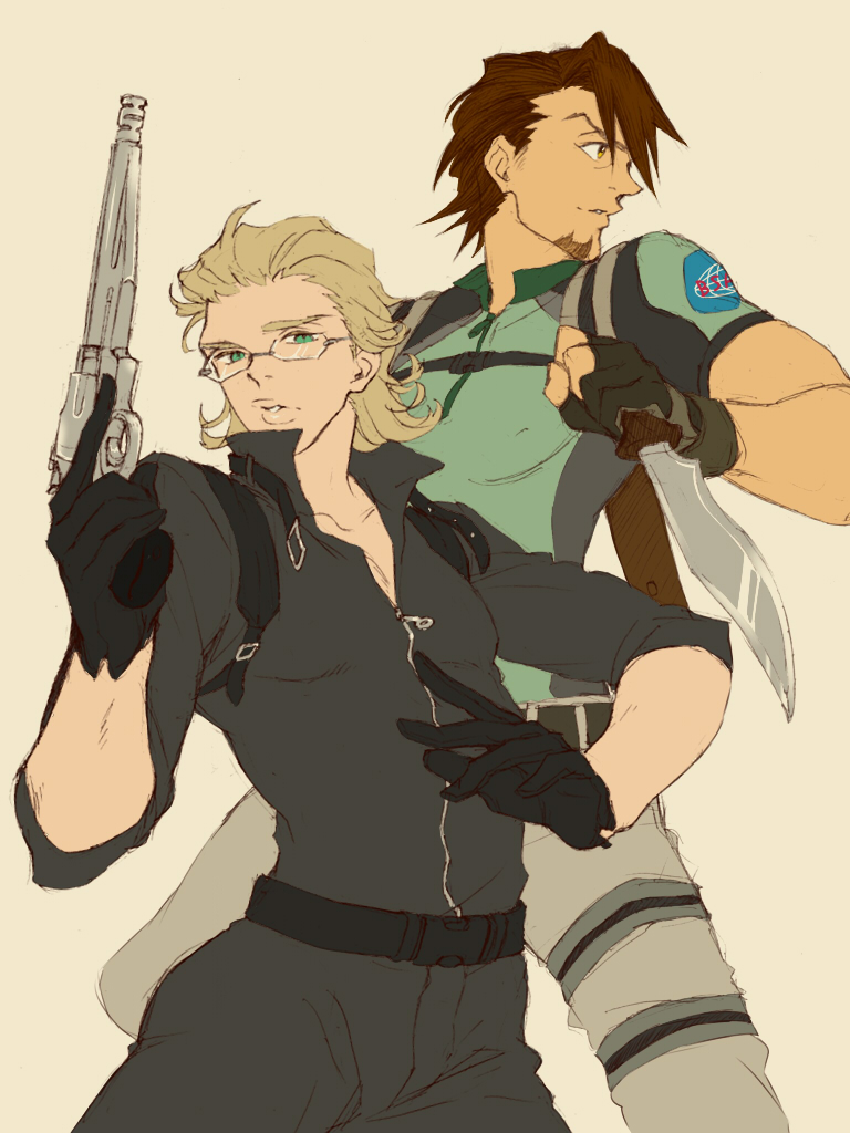 2boys, albert_wesker, albert_wesker_(cosplay), barnaby_brooks_jr, black_gloves, blonde_hair, bodysuit, brown_eyes, brown_hair, chris_redfield, chris_redfield_(cosplay), fingerless_gloves, glasses, gloves, green_eyes, gun, kaburagi_t_kotetsu, knife, multiple_boys, neconeco22, parody, resident_evil, resident_evil_5, short_hair, sunglasses, tiger_&amp;_bunny, weapon