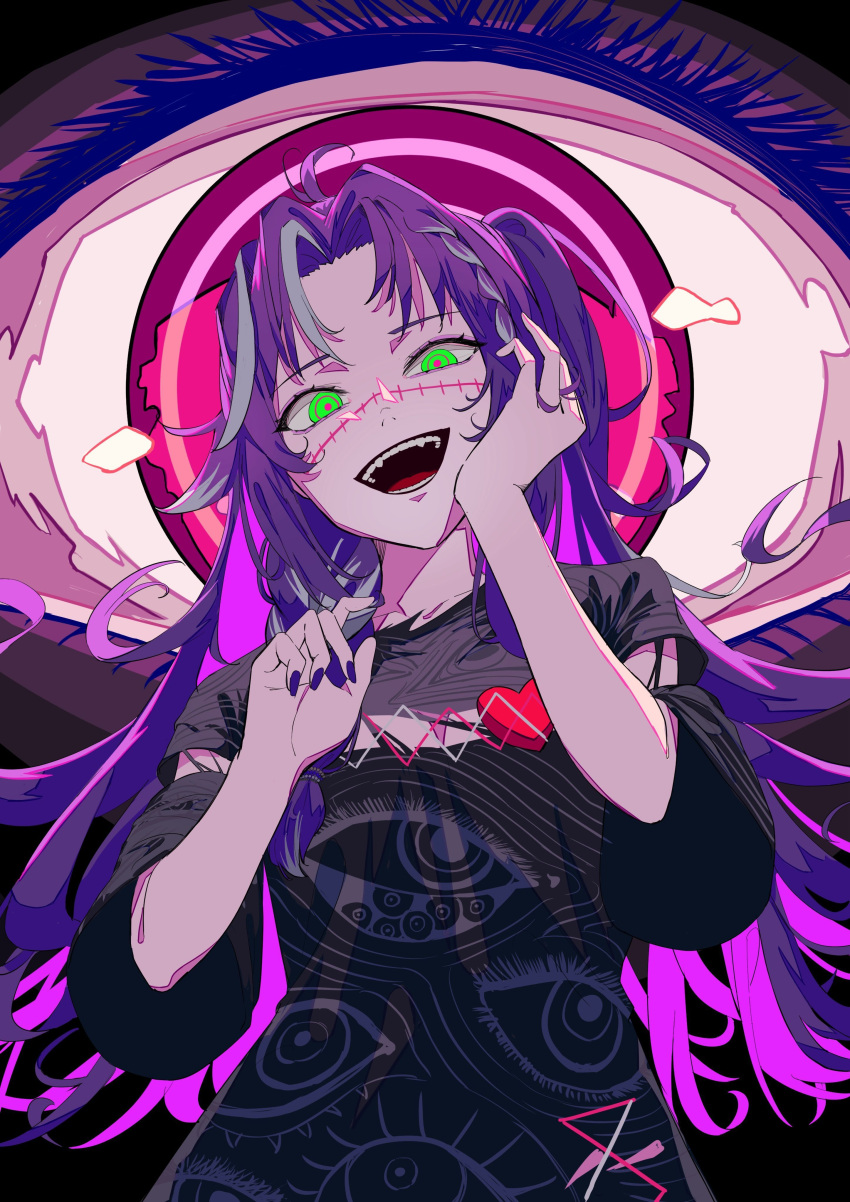 1girl, absurdres, ahoge, black_shirt, breasts, cleavage_cutout, clothing_cutout, commentary