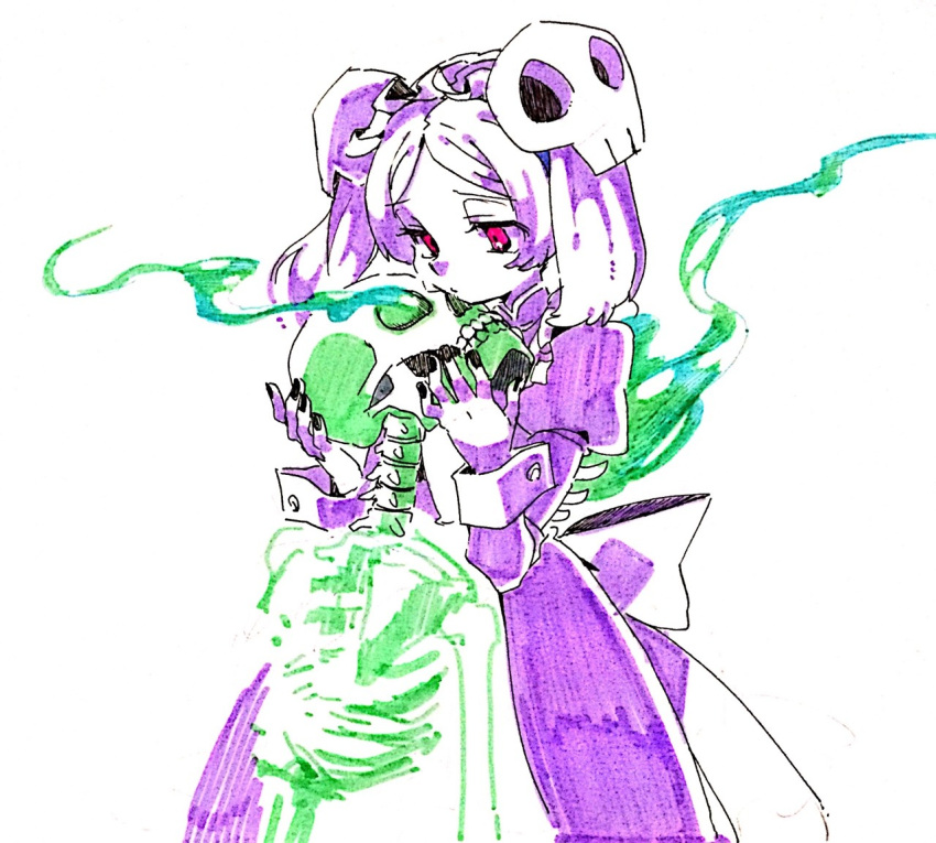 1girl, apron, back_bow, bloody_marie_(skullgirls), bone, bow, closed_mouth, dress