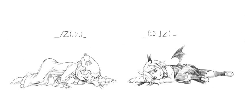 :d, ahoge, ascii_art, bat_wings, closed_eyes, dress, dress_shirt, emoticon