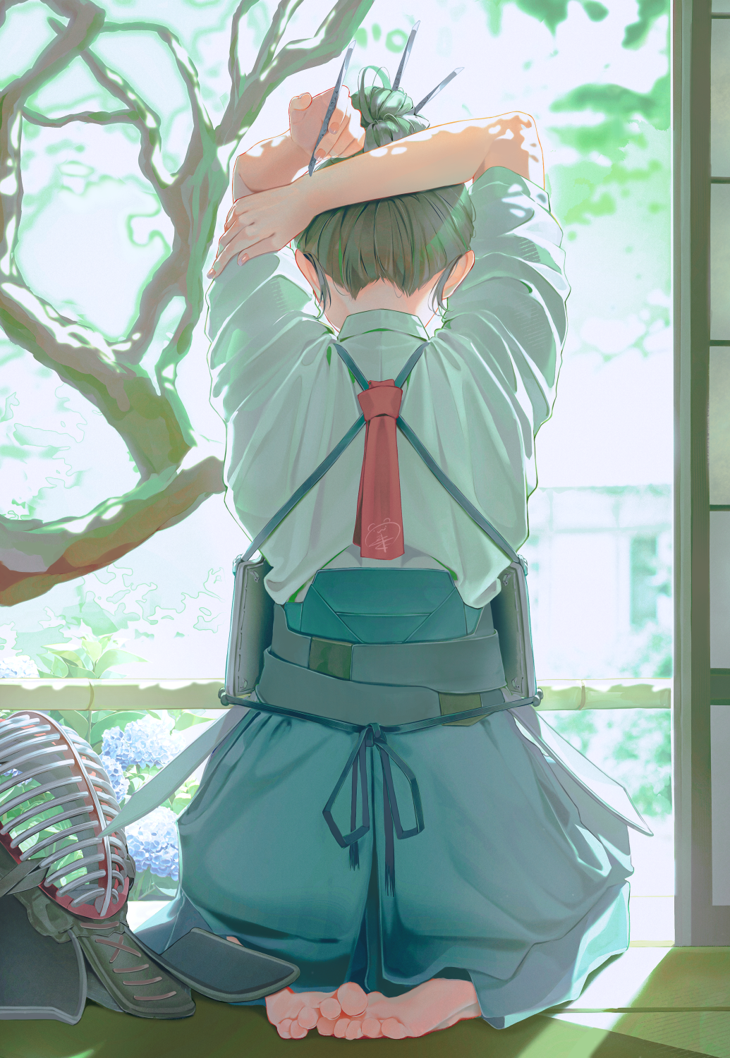 1girl, archery, barefoot, black_hakama, blue_skirt, branch, commentary_request, day, feet, from_behind, green_hair, hair_bun, hakama, hakama_skirt, highres, indoors, japanese_clothes, kendo_mask, kimono, kyuudou, leaf, long_sleeves, mask, original, ruda_(ruda_e), sitting, skirt, solo, sunlight, tatami, toes, tree, tying_hair, white_kimono