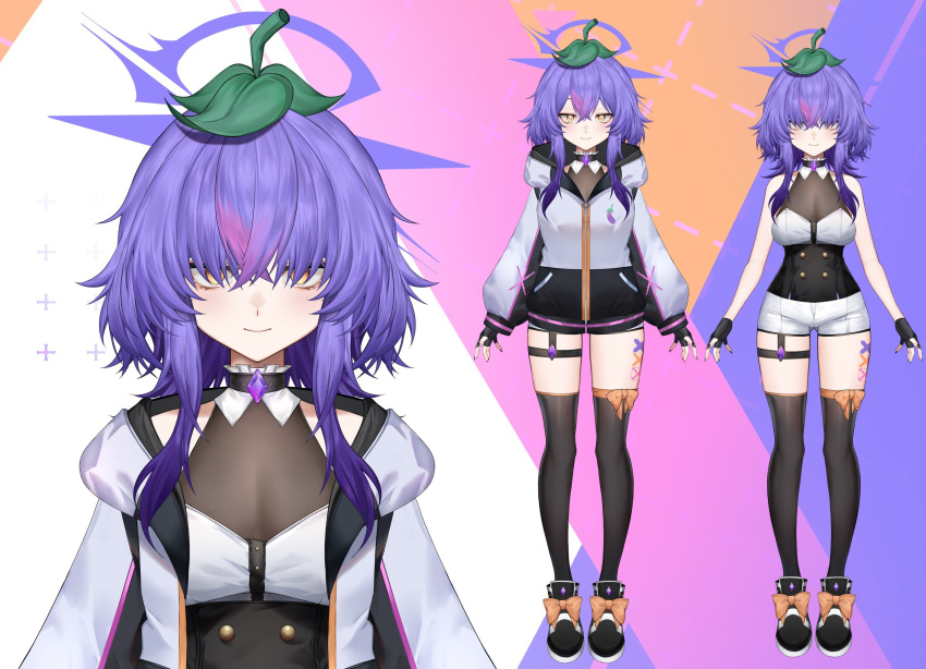 1girl, body_markings, breasts, eggplant, eggplant_emoji, fingerless_gloves, full_body, gloves, hair_between_eyes, hair_over_eyes, halo, highres, indie_virtual_youtuber, jacket, kyoushim, leaf, leaf_on_head, medium_breasts, medium_hair, messy_hair, multicolored_hair, official_art, orange_eyes, pink_hair, purple_hair, purple_halo, reference_sheet, sachiihappy, see-through_cleavage, see-through_clothes, shorts, sidelocks, smile, streaked_hair, thigh-highs, thigh_strap, thighs, virtual_youtuber, white_jacket