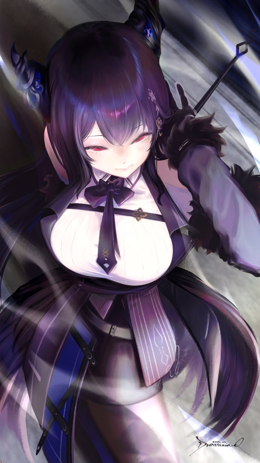 1girl, absurdres, black_gloves, black_hair, black_horns, black_necktie, black_sleeves, black_vest