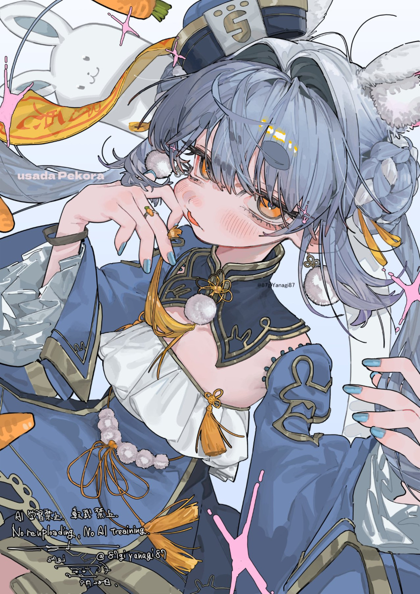 1girl, 87gi, :3, animal, animal_ear_fluff, animal_ears, bare_shoulders, blue_background, blue_dress, blue_hair, blue_nails, blue_sleeves, blush, braid, braided_bun, carrot, character_name, chinese_clothes, closed_mouth, commentary_request, cowboy_shot, detached_collar, detached_sleeves, don-chan_(usada_pekora), double-parted_bangs, double_bun, dress, earrings, extra_ears, flat_chest, frilled_dress, frills, ghost, gold_trim, gradient_background, hair_between_eyes, hair_bun, hair_intakes, hand_on_own_cheek, hand_on_own_face, hat, highres, hikimayu, hololive, jewelry, jiangshi_costume, lips, long_eyelashes, long_hair, long_sidelocks, long_sleeves, looking_at_viewer, loose_hair_strand, mandarin_collar, multicolored_hair, nail_polish, official_alternate_costume, official_alternate_hairstyle, ofuda, orange_eyes, pom_pom_(clothes), pom_pom_earrings, qingdai_guanmao, rabbit, rabbit_ears, rabbit_girl, red_lips, ring, short_dress, short_eyebrows, side_up_bun, sidelocks, signature, simple_background, sitting, sleeveless, sleeveless_dress, solo_focus, sparkle, strapless, strapless_dress, swept_bangs, thick_eyebrows, twitter_username, two-tone_hair, usada_pekora, usada_pekora_(jiangshi), virtual_youtuber, white_background, white_hair, wristband