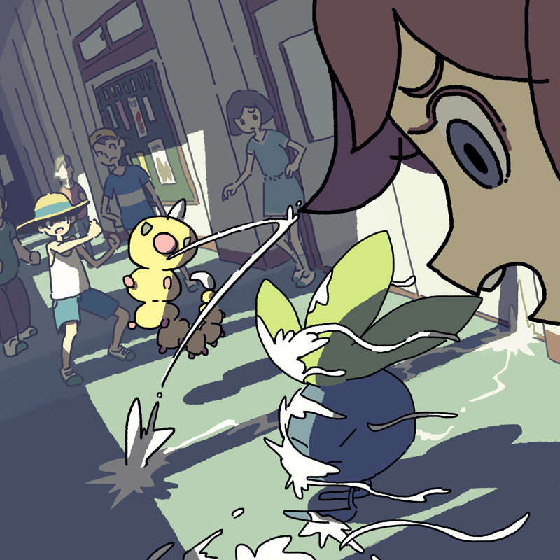 2girls, 4boys, blue_dress, brown_hair, bug_catcher_(pokemon), commentary_request, dress, hallway