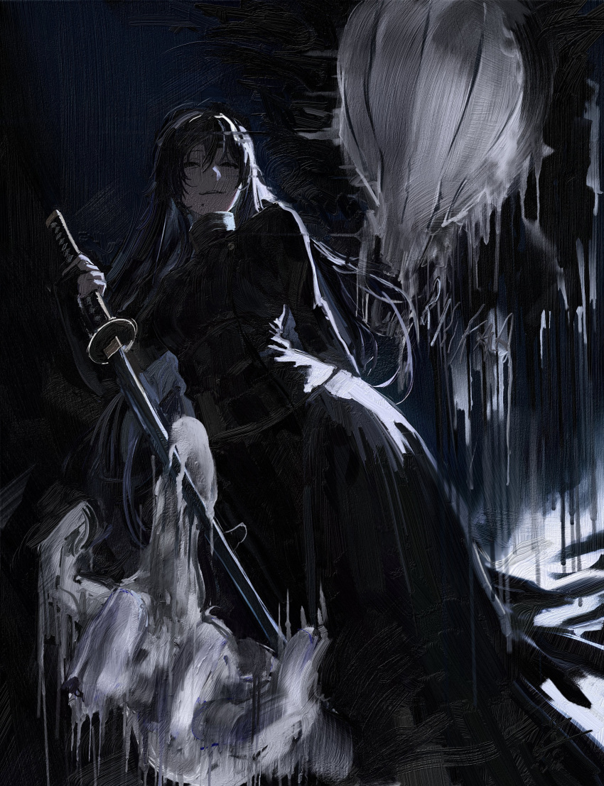 1girl, absurdres, black_dress, black_eyes, black_hair, commentary, cursed_energy_(jujutsu_kaisen), daodtt, dress, high_collar, highres, jewelry, jujutsu_kaisen, katana, long_hair, looking_at_viewer, mole, mole_under_mouth, monster, okkotsu_yuta, orimoto_rika, orimoto_rika_(human), ring, smile, sword, weapon