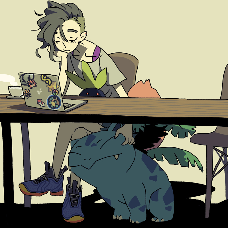 1girl, asymmetrical_hair, blastoise, blue_shoes, chair, closed_eyes, closed_mouth, collarbone