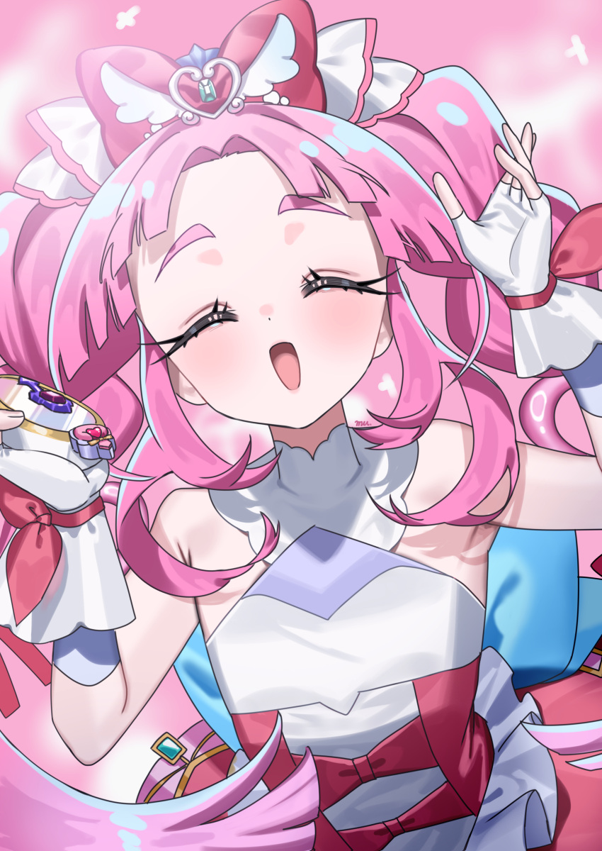 :o, absurdres, armpit_crease, arms_up, blush, bow, closed_eyes, commentary_request