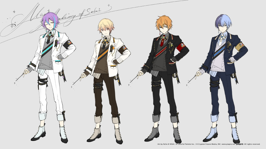 4boys, aoyagi_touya, armband, black_jacket, black_necktie, black_pants, blonde_hair, blue_hair