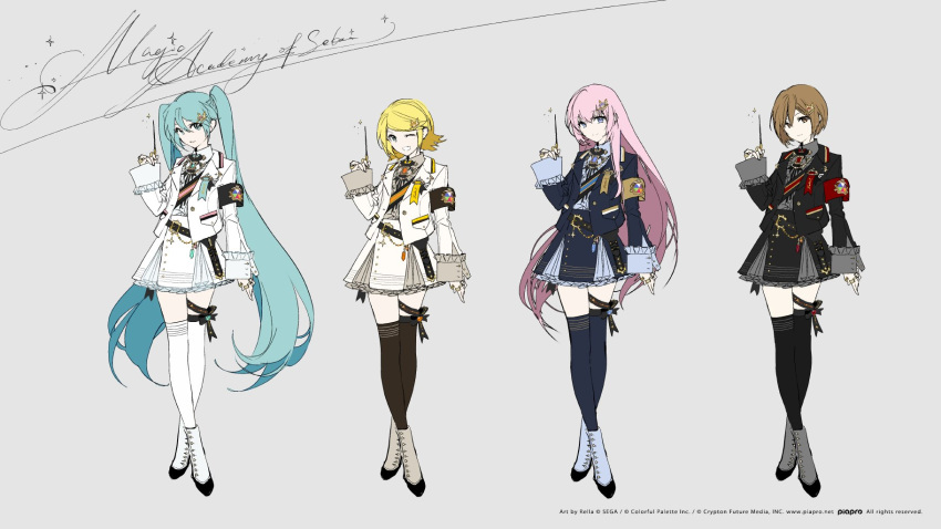 4girls, ;d, aqua_hair, armband, artist_name, black_armband, black_jacket, black_skirt