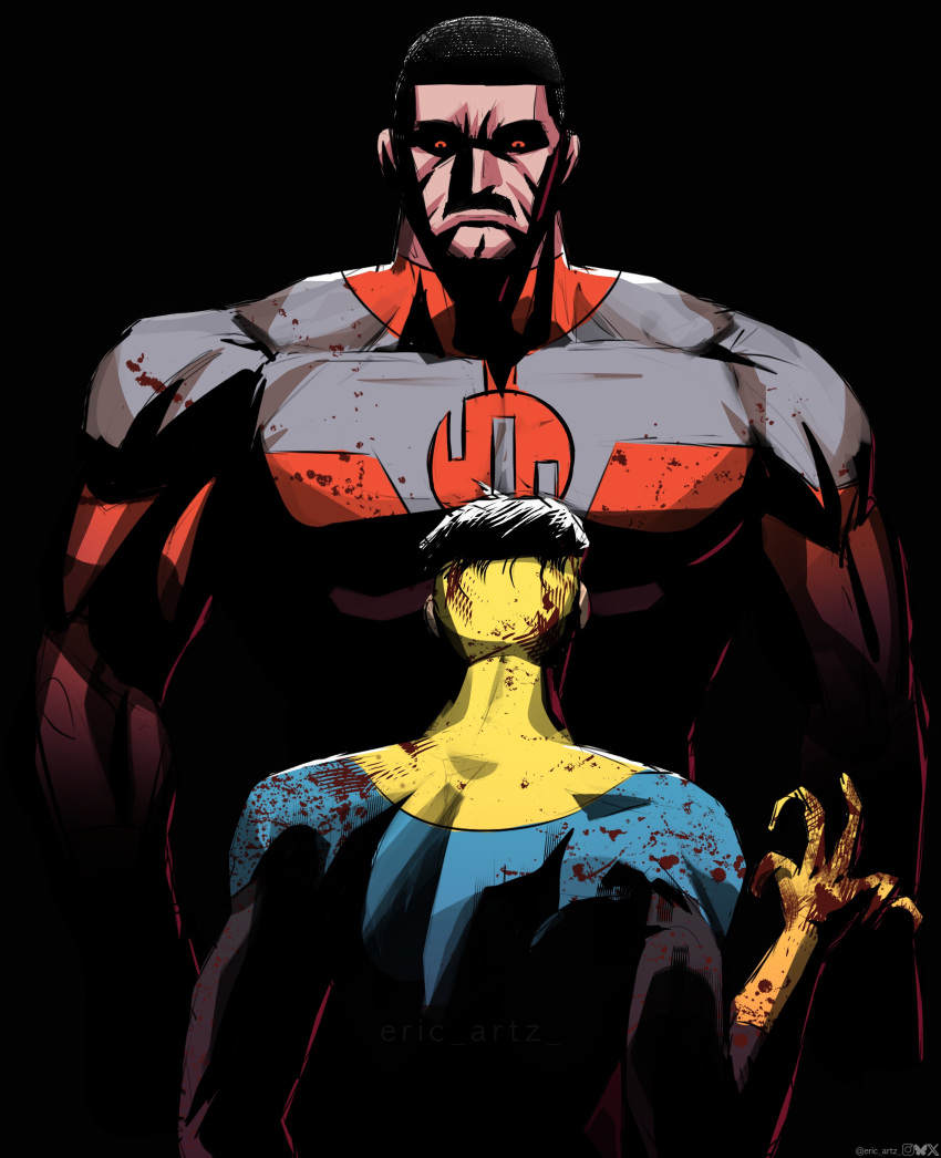 2boys, absurdres, artist_name, black_background, black_eyes, black_sclera, blood_on_shoulder, blue_bodysuit