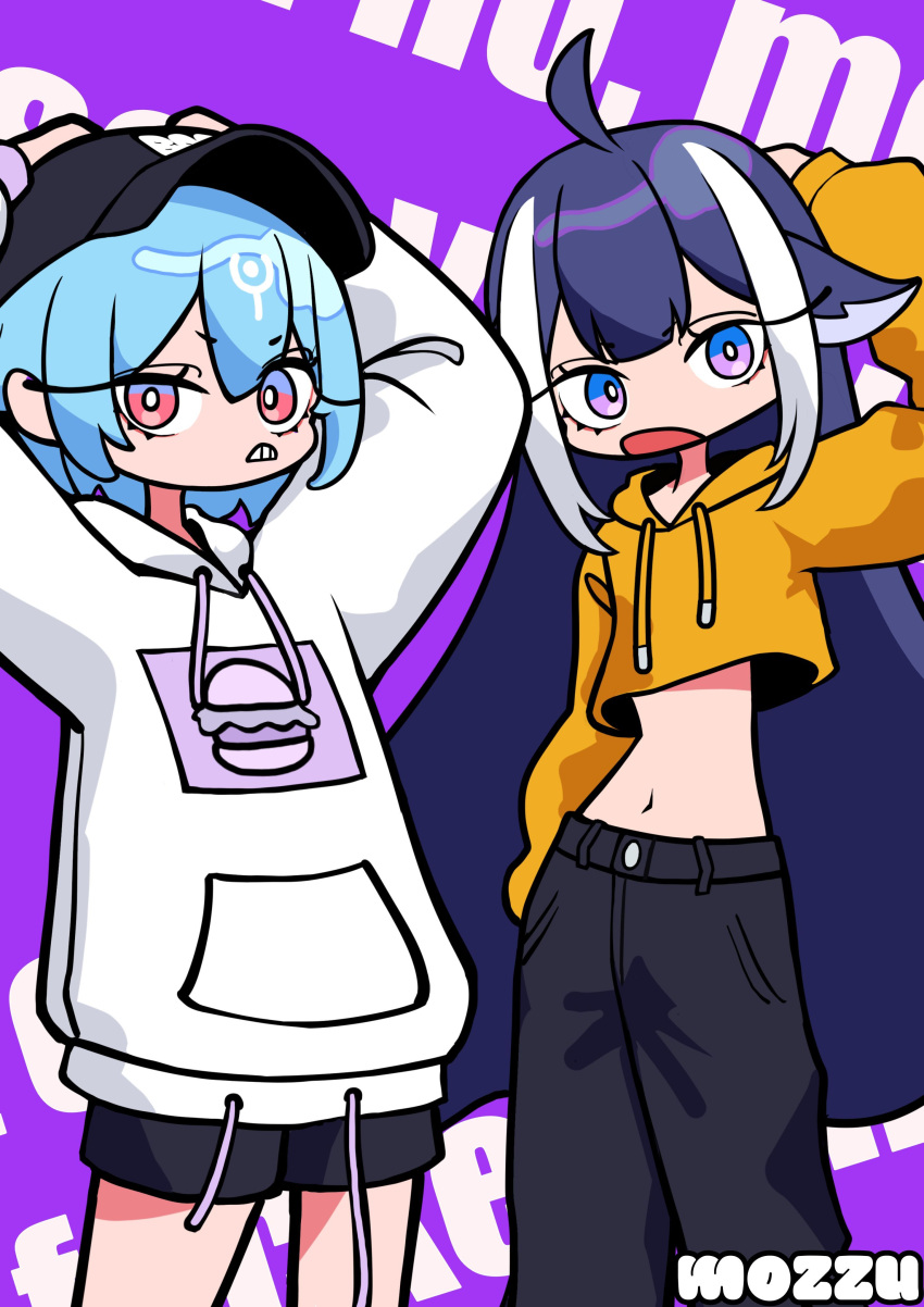 2girls, absurdres, ahoge, bao_the_whale, baseball_cap, black_pants, black_shorts, blue_hair