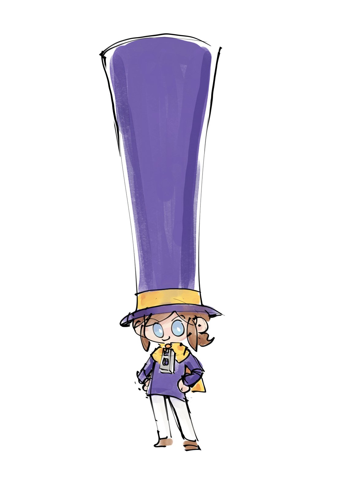 1girl, a_hat_in_time, bad_id, bad_twitter_id, blue_eyes, boots, brown_boots, brown_hair, cape, child, closed_mouth, commentary_request, deformed, full_body, gompang1125, hands_on_own_hips, hat, hat_kid, hat_ribbon, highres, jacket, korean_commentary, long_sleeves, looking_at_viewer, medium_hair, pants, ponytail, purple_hat, purple_jacket, ribbon, sidelocks, sketch, smile, solo, tall_hat, top_hat, white_background, white_pants, yellow_cape, yellow_ribbon, zipper_pull_tab