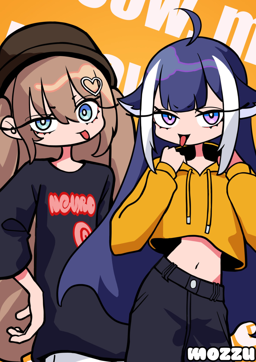 2girls, absurdres, ahoge, black_pants, black_shirt, blue_eyes, blue_hair, cropped_sweater