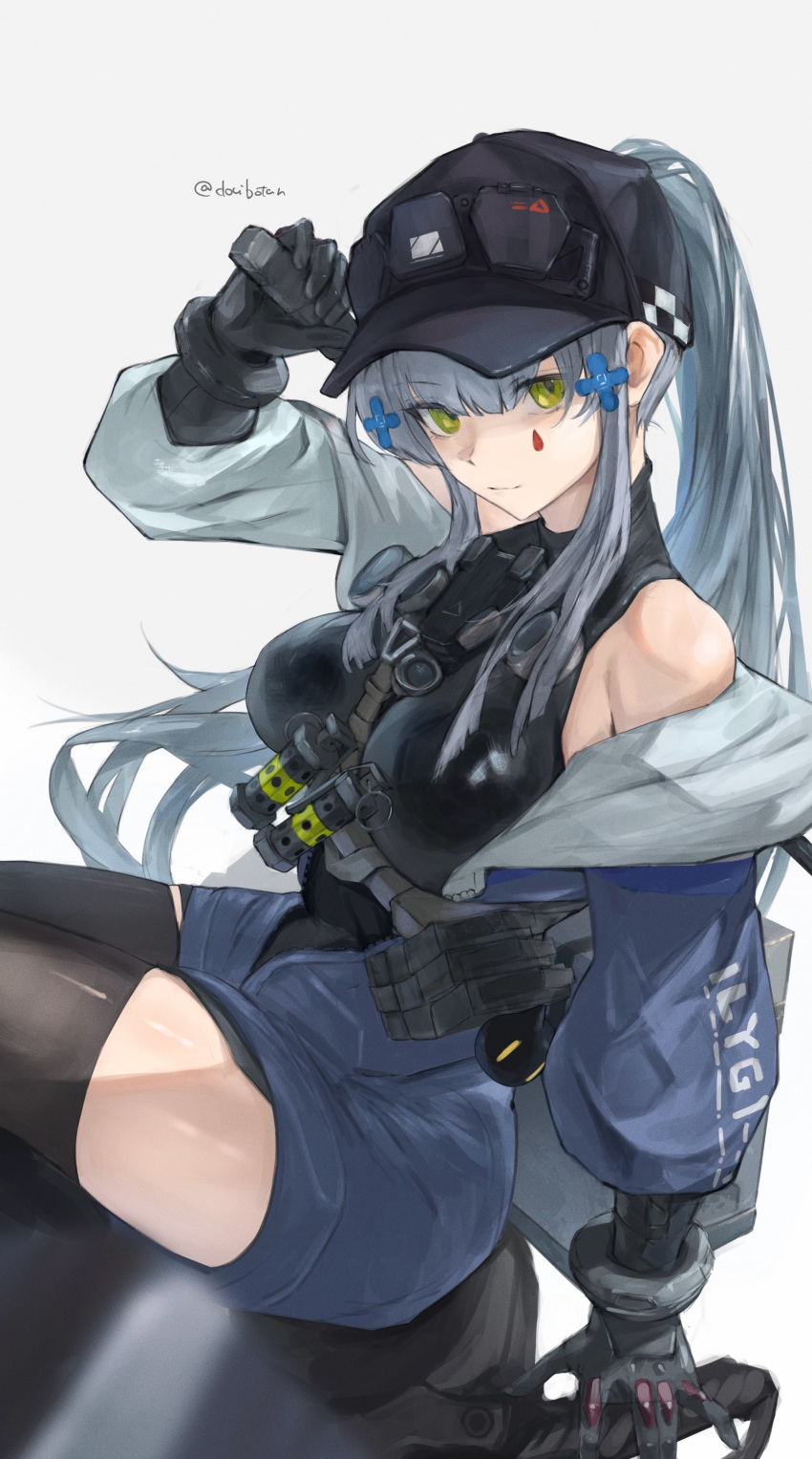 1girl, absurdres, arm_behind_back, bare_shoulders, baton_(weapon), black_gloves, black_hat, black_leotard