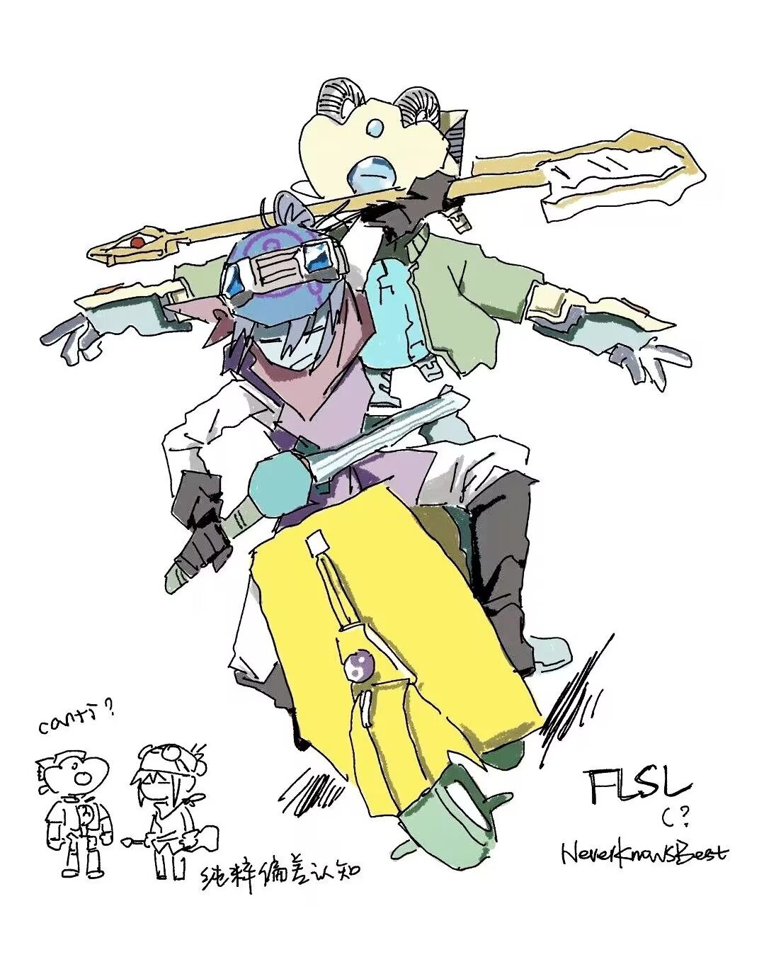 1girl, 1other, bass_guitar, blue_skin, canti, canti_(cosplay), closed_eyes, clothed_robot