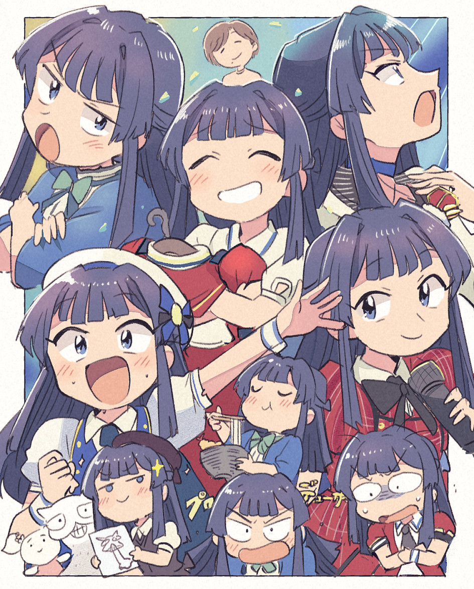 2girls, :d, black_hair, blue_eyes, blue_shirt, border, bowl, chopsticks