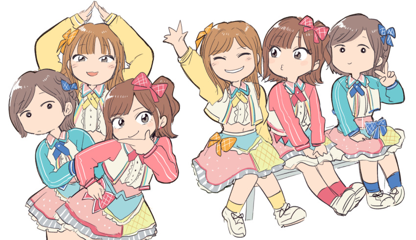 3girls, arms_up, bench, blue_bow, bow, brown_eyes, brown_hair, chibi