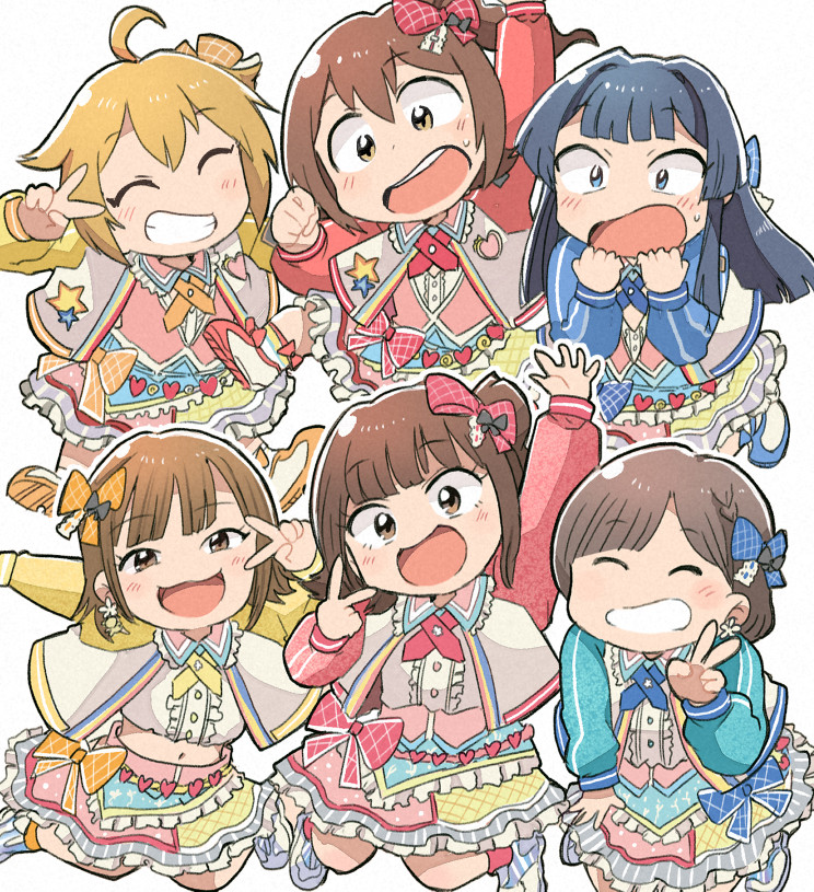 6+girls, black_hair, blonde_hair, blue_eyes, brown_eyes, brown_hair, closed_eyes, commentary_request