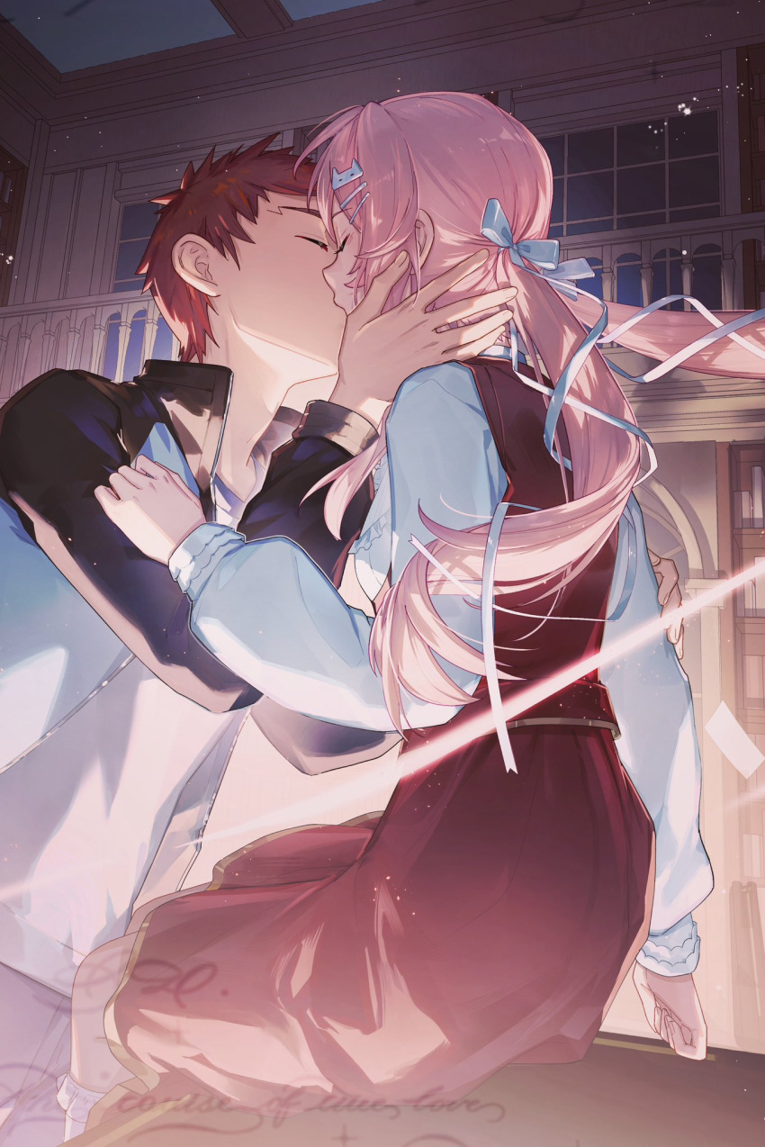 1boy, 1girl, alternate_universe, black_jacket, blush, book, book_focus, book_stack