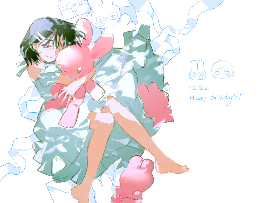 alien_stage, barefoot, birthday, black_hair, chinese_commentary, commentary_request, dated, dress