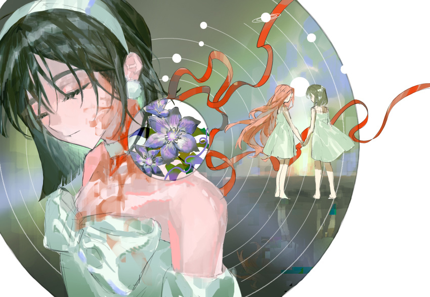 2girls, alien_stage, bare_shoulders, black_hair, blood, blood_on_neck, bow, chest_bow