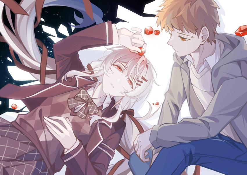 1boy, 1girl, breasts, brown_jacket, brown_skirt, brown_vest, commentary_request, emiya_shirou