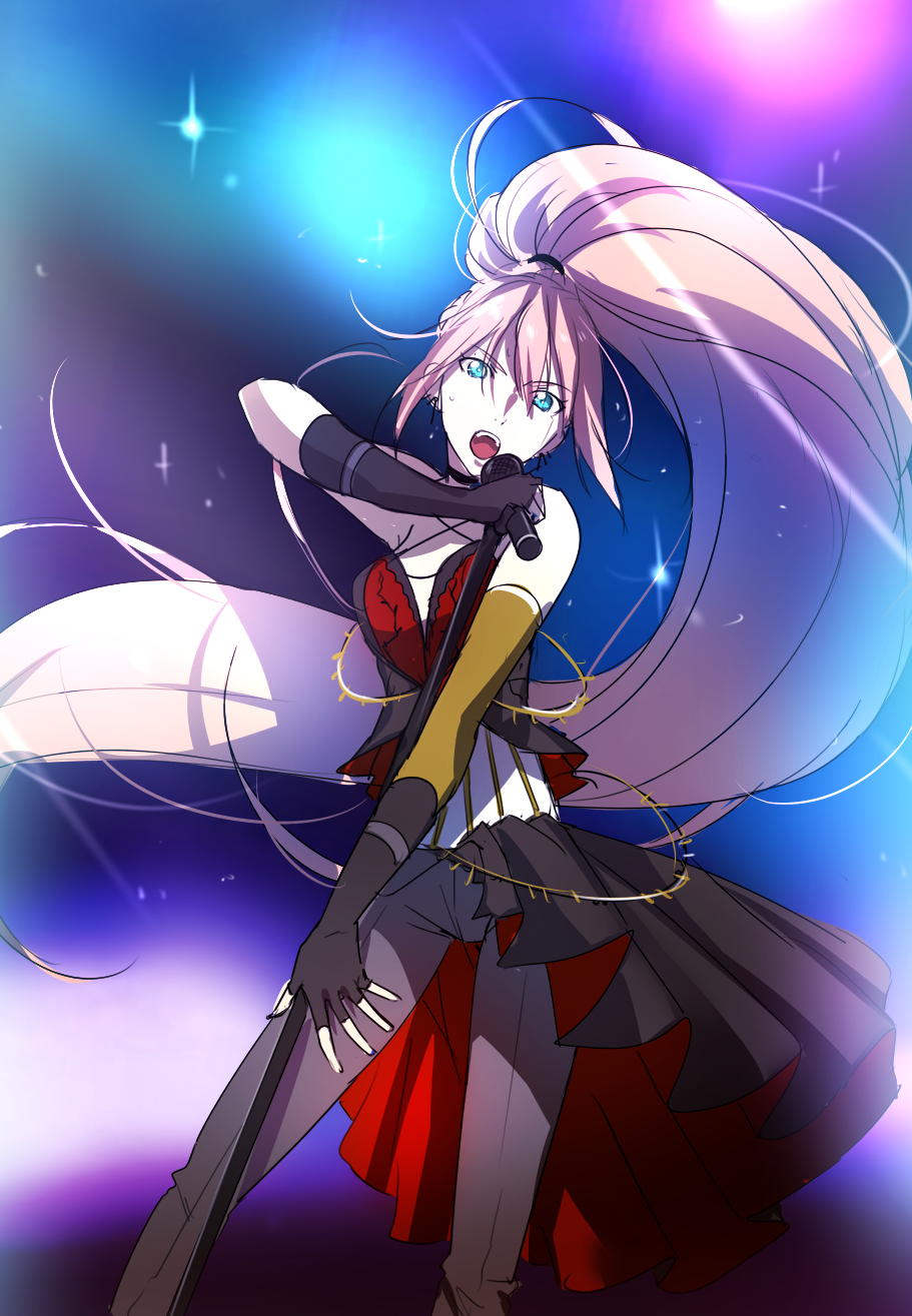 1girl, black_dress, black_gloves, black_pantyhose, blue_eyes, blurry, bokeh, depth_of_field
