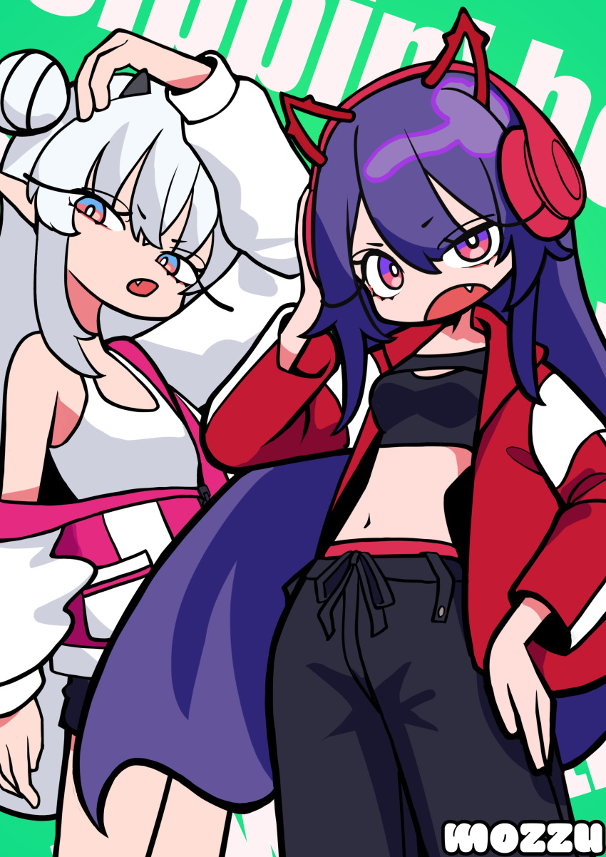2girls, absurdres, akuma_nihmune, black_pants, black_shirt, black_shorts, demon_girl, demon_horns