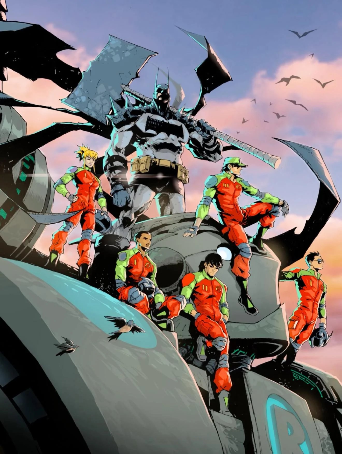 1girl, absolute_batman, absolute_dc, axe, back_spikes, bat_mask, batman_(absolute_dc), batman_symbol, battle_axe, belt, bodysuit, dc_comics, dexter_soy, dick_grayson, duke_thomas, grey_bodysuit, highres, jason_todd, lifting_object, multicolored_suit, multiple_boys, stephanie_brown, superhero_costume, taut_bodysuit, tim_drake, utility_belt, weapon