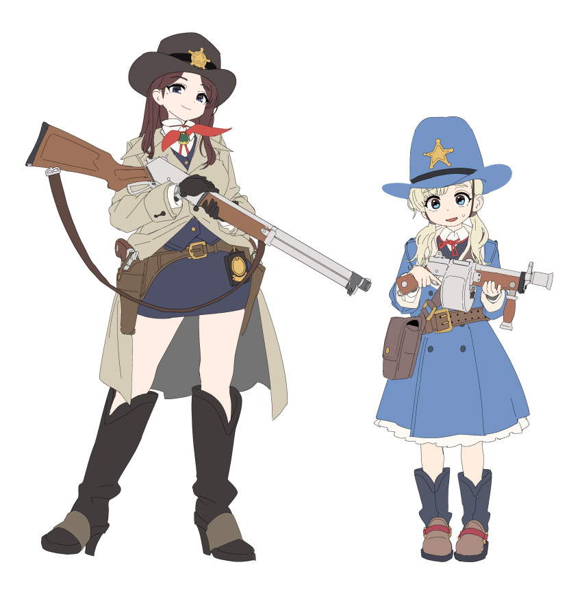 2girls, absurdres, belt, black_gloves, black_hat, blonde_hair, blue_eyes, blue_hat, blue_skirt, boots, brown_belt, brown_hair, bypos, closed_mouth, commentary, cowboy_boots, cowboy_hat, dress, full_body, gloves, gun, hair_over_shoulder, hat, highres, holding, holding_gun, holding_weapon, holster, holstered, knee_boots, long_hair, long_sleeves, looking_at_viewer, multiple_girls, open_mouth, original, pencil_skirt, sheriff_(western), sheriff_badge, simple_background, skirt, standing, star_(symbol), sweat, twintails, untranslatable_commentary, weapon, weapon_request, white_background