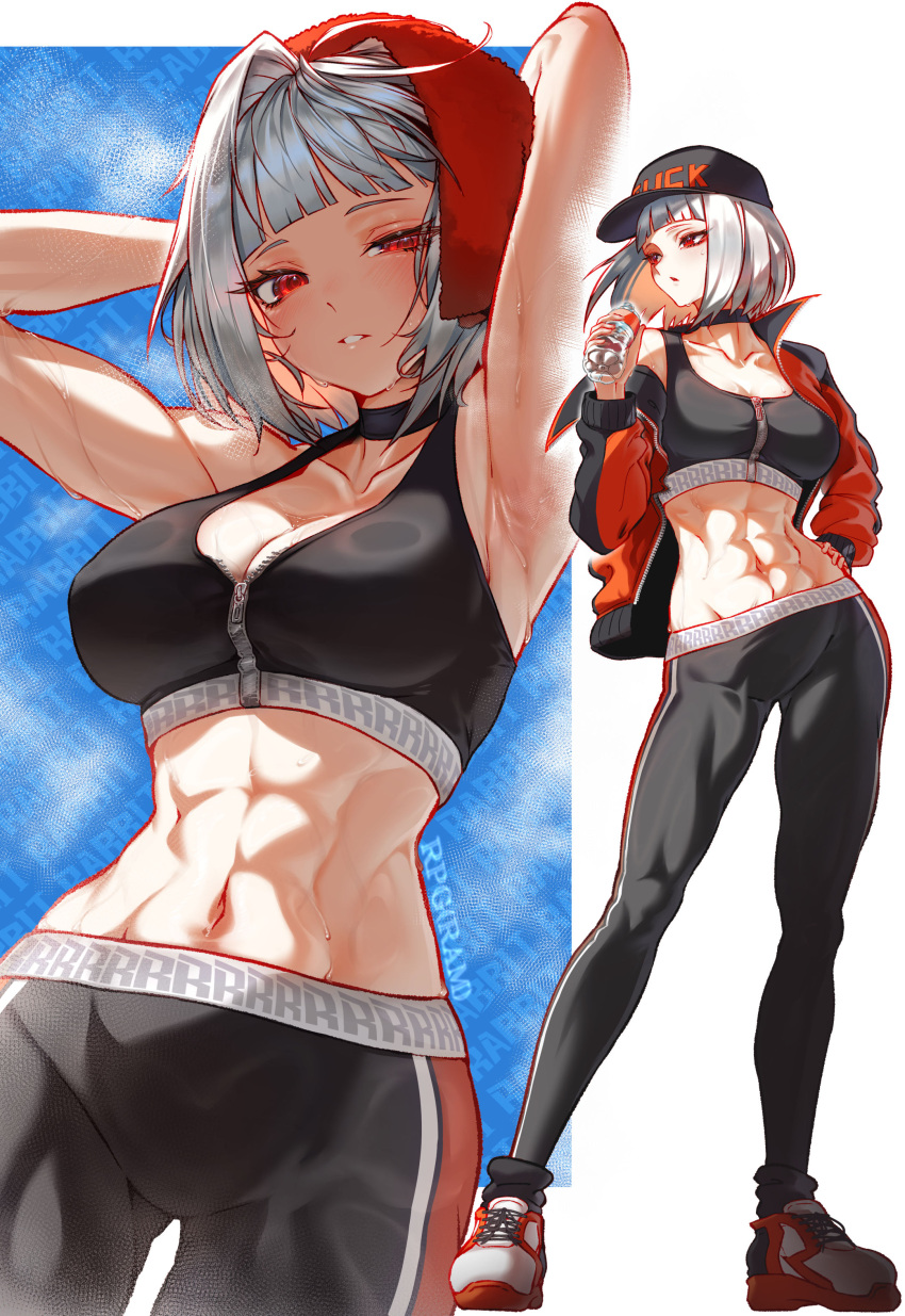 1girl, abs, absurdres, baseball_cap, black_pants, choker, full_body, grey_hair