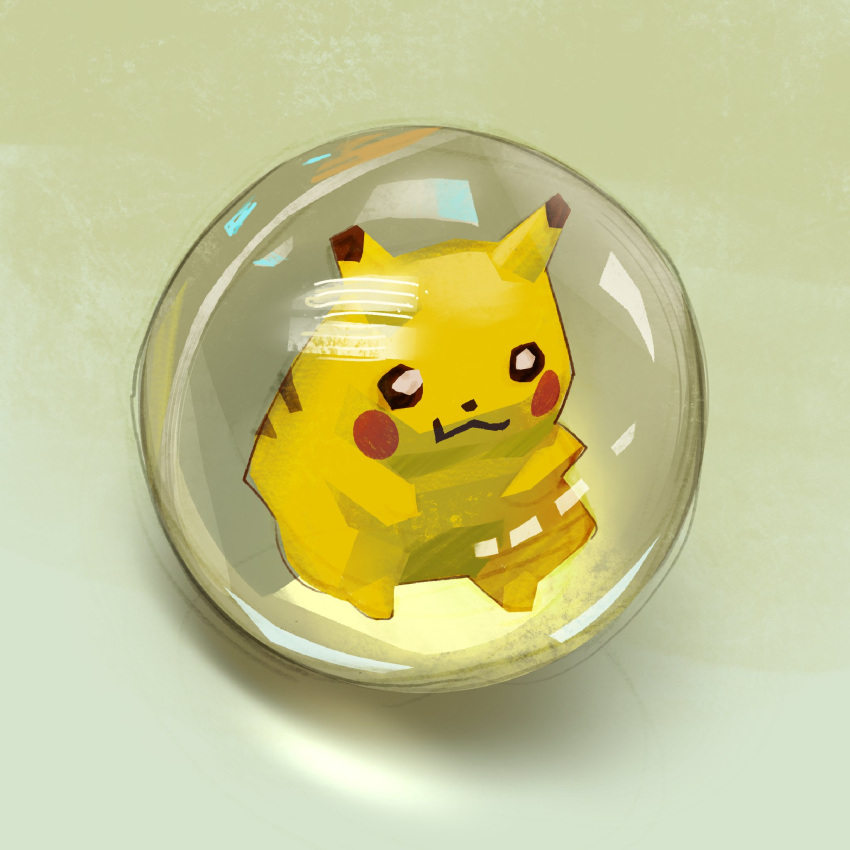:3, art_brush, ball, black_eyes, bowl, closed_mouth, full_body, highres, looking_up, nintendo, no_humans, paintbrush, pikachu, pokemon, pokemon_(creature), reflection, solo, standing, toy, transparent, valorous_kid, white_eyes