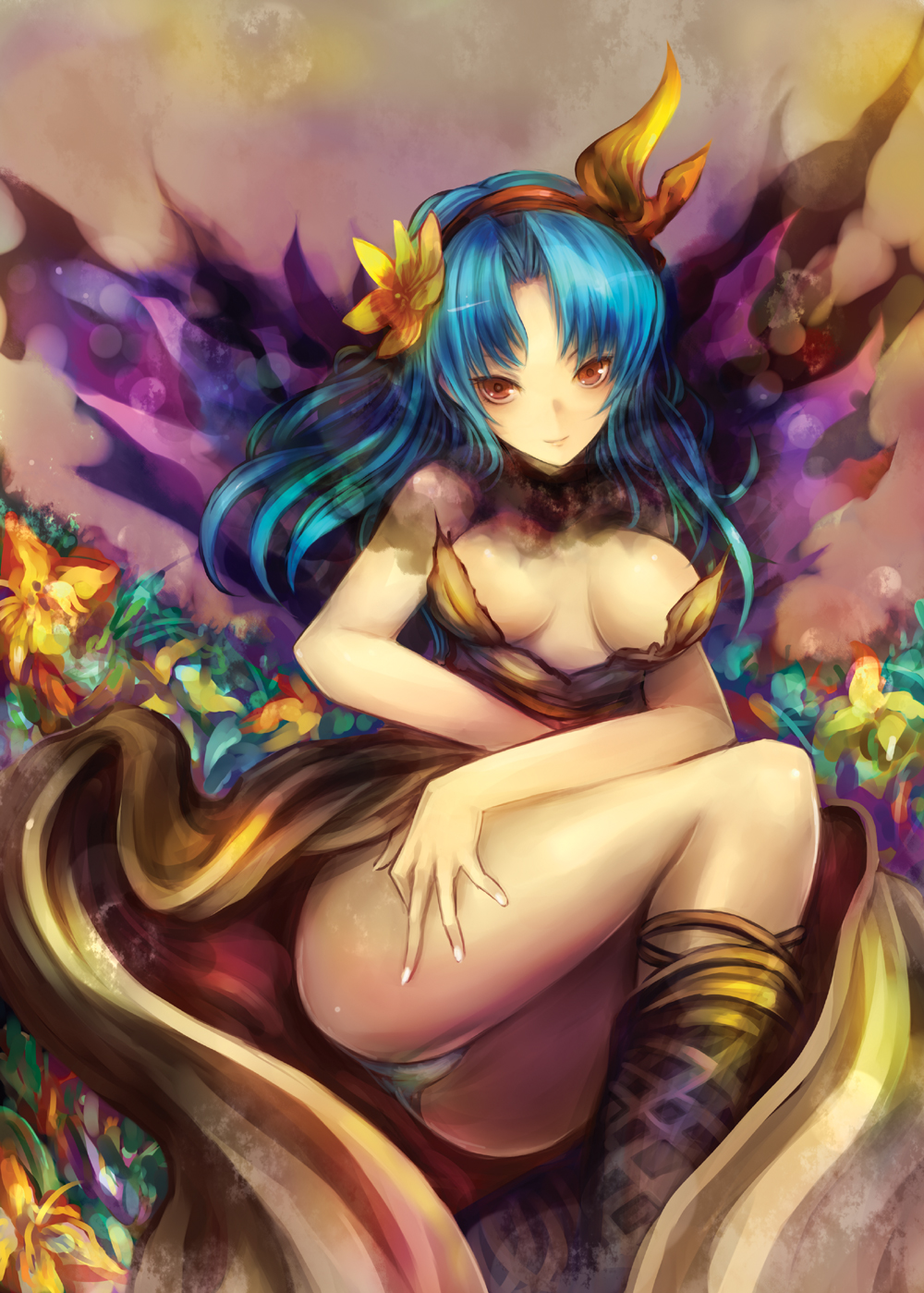 boots, breasts, cleavage, flower, hair_flower, hair_ornament, hairband, highres, kara_(color), legs, long_hair, panties, red_eyes, rocbouquet, romancing_saga, romancing_saga_2, saga, solo, underwear, white_panties