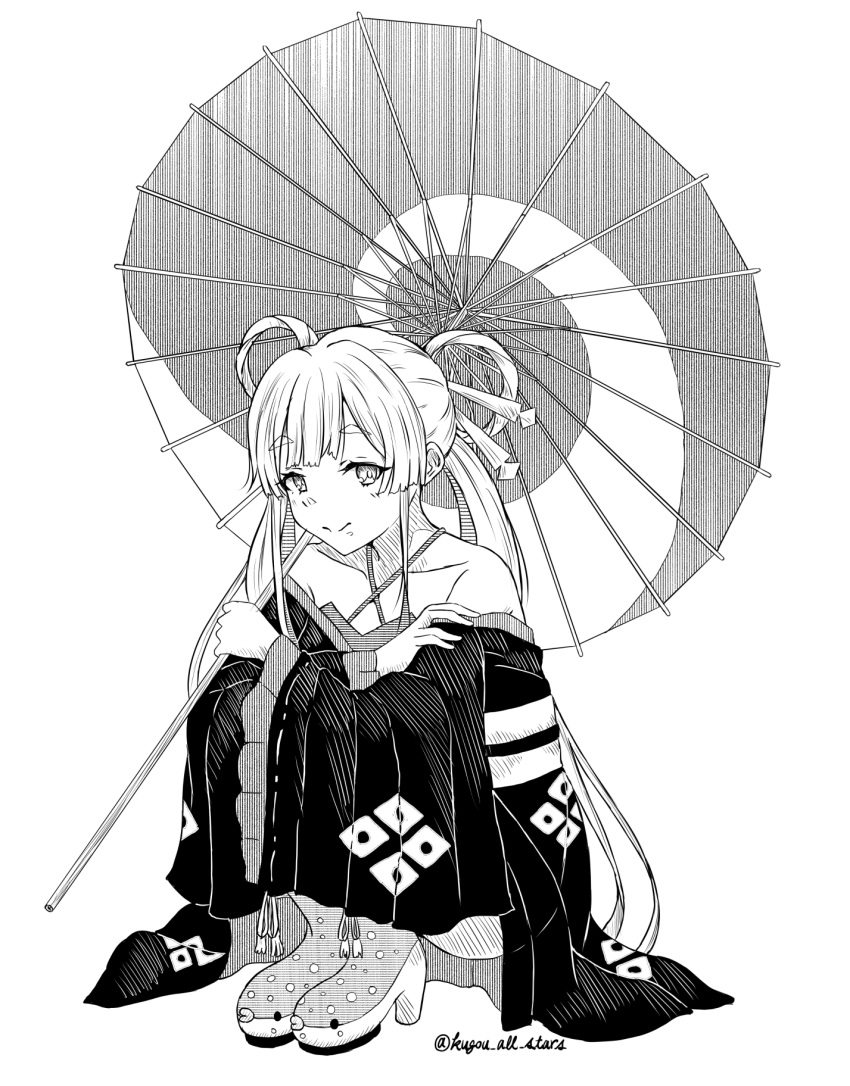 1girl, cho_kaguya-hime!, closed_mouth, collarbone, commentary, greyscale, hair_ornament, hair_rings, hair_stick, highres, holding, holding_umbrella, japanese_clothes, kimono, kugou_all_stars, long_hair, monochrome, off_shoulder, oil-paper_umbrella, runami_yachiyo, solo, squatting, twintails, umbrella