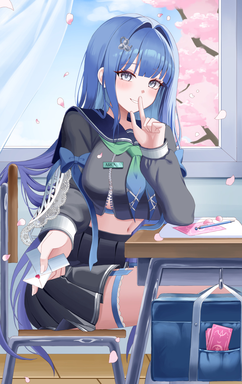 1girl, absurdres, arcana_(fortune_mate)_(nikke), arcana_(nikke), black_sailor_collar, black_serafuku, black_skirt, blue_eyes