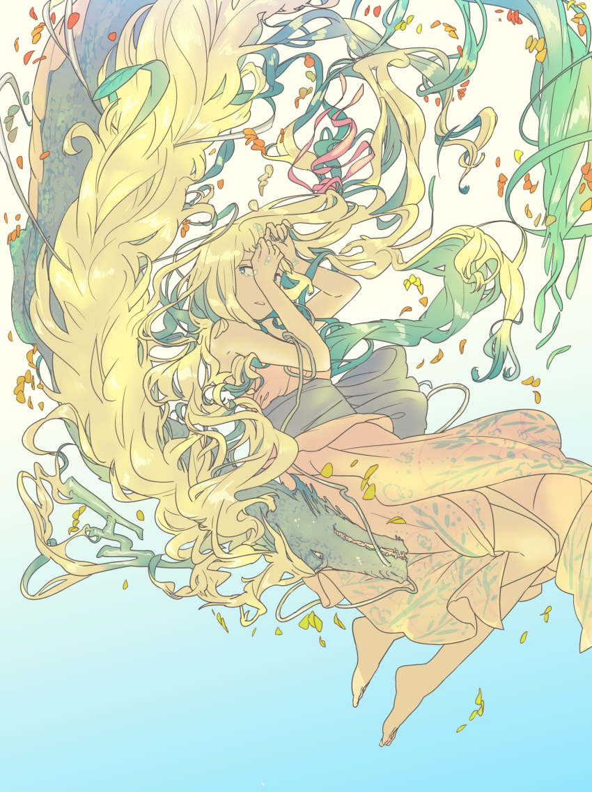 bad_id, barefoot, blonde_hair, blue_eyes, dragon, face, feet, fukayama_fugin
