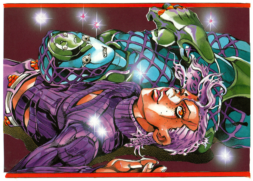 1boy, 1other, aqua_skin, araki_hirohiko, argyle_skin, cleavage_cutout, closed_eyes, clothing_cutout, colored_skin, epitaph_(jojo), eyelashes, freckles, gloves, green_gloves, highres, jojo_no_kimyou_na_bouken, king_crimson_(stand), letterboxed, lips, long_sleeves, lying, male_focus, monster, official_art, on_back, orange_eyes, pants, purple_hair, purple_sweater, scan, second-party_source, solo, stand_(jojo), sweater, tongue, tongue_out, traditional_media, turtleneck, vento_aureo, vinegar_doppio, wavy_mouth, white_pants