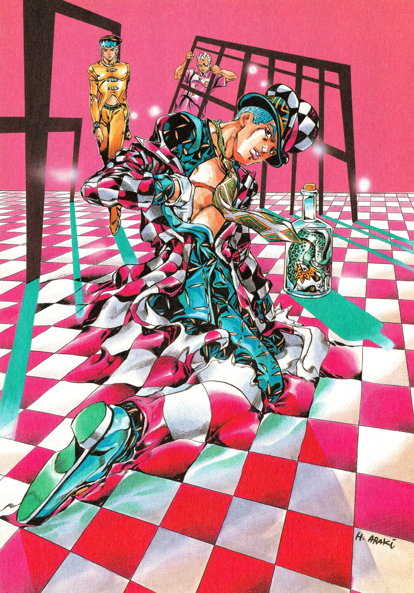 3boys, absurdres, araki_hirohiko, argyle_clothes, argyle_hat, blue_hair, blue_hat, blue_headband, blue_jacket, blue_pants, bottle, bowler_hat, cat, checkered_floor, coat, dead_man's_questions, diamond_wa_kudakenai, dolce_(under_execution_under_jailbreak), dolce_and_his_master, formal_clothes, gloves, hat, headband, highres, jacket, jojo_no_kimyou_na_bouken, kira_yoshikage, kishibe_rohan, knife, long_sleeves, male_focus, multiple_boys, necktie, official_alternate_costume, official_art, pants, pink_shirt, scan, second-party_source, shirt, short_sleeves, suit, traditional_media, yellow_coat, yellow_pants