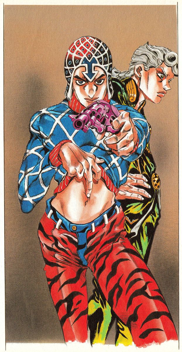 2boys, animal_print, araki_hirohiko, argyle_clothes, argyle_hat, argyle_sweater, black_eyes, blue_eyes, blue_sweater, giorno_giovanna, green_eyes, green_jacket, green_pants, grey_hair, guido_mista, guido_mista's_pose, gun, handgun, hat, high_collar, holding, holding_gun, holding_weapon, jacket, jojo_no_kimyou_na_bouken, ladybug_brooch, ladybug_ornament, long_sleeves, male_focus, manly, midriff, multiple_boys, navel, official_art, pants, red_hat, red_pants, revolver, scan, second-party_source, sweater, traditional_media, turtleneck, vento_aureo, victory_rolls, weapon, wing_ornament, zebra_print