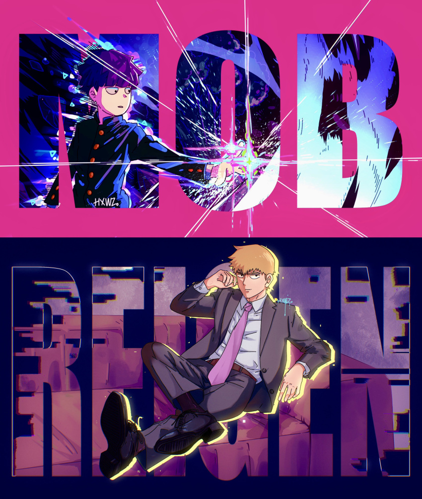 2boys, absurdres, black_eyes, bowl_cut, grey_jacket, grey_pants, grey_suit, highres, hxwz1999, jacket, kageyama_shigeo, male_focus, mob_psycho_100, multiple_boys, pants, reigen_arataka, salt_middle_school_uniform, school_uniform, suit