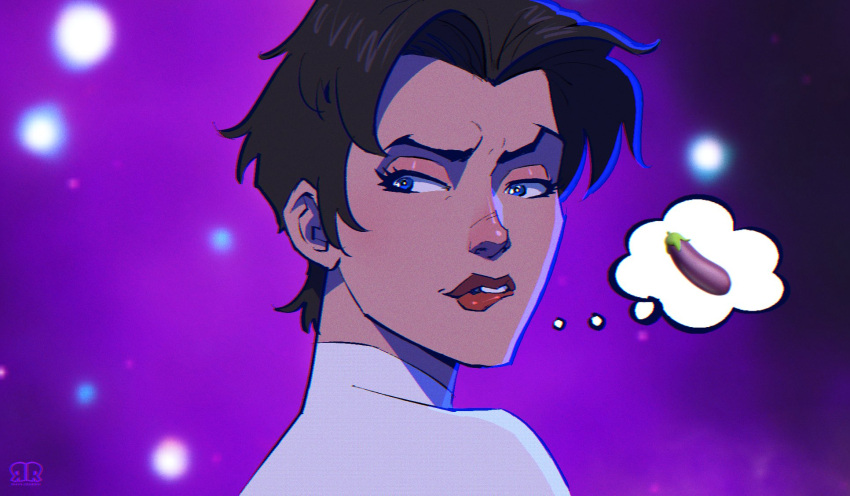 1girl, anissa_(invincible), aroused, artist_logo, biting_own_lip, black_hair, blue_eyes, close-up