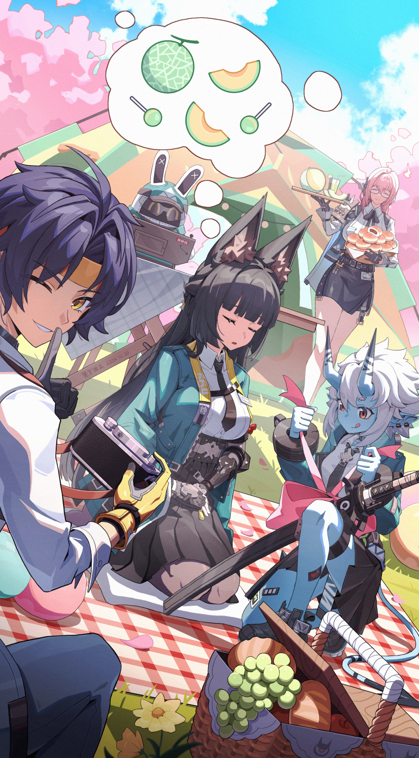 1boy, 3girls, absurdres, agent_gulliver_(zenless_zone_zero), animal_ear_fluff, animal_ears, artist_name, asaba_harumasa